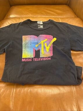 MTV Black Tee with Pink, Yellow & Blue Logo